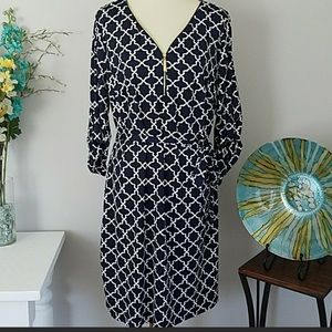TACERA Navy and White Geometric Midi Dress  Size 1X